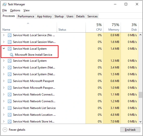 Windows 10 Task Manager 100 disk check with a Service Host: Local System group expanded