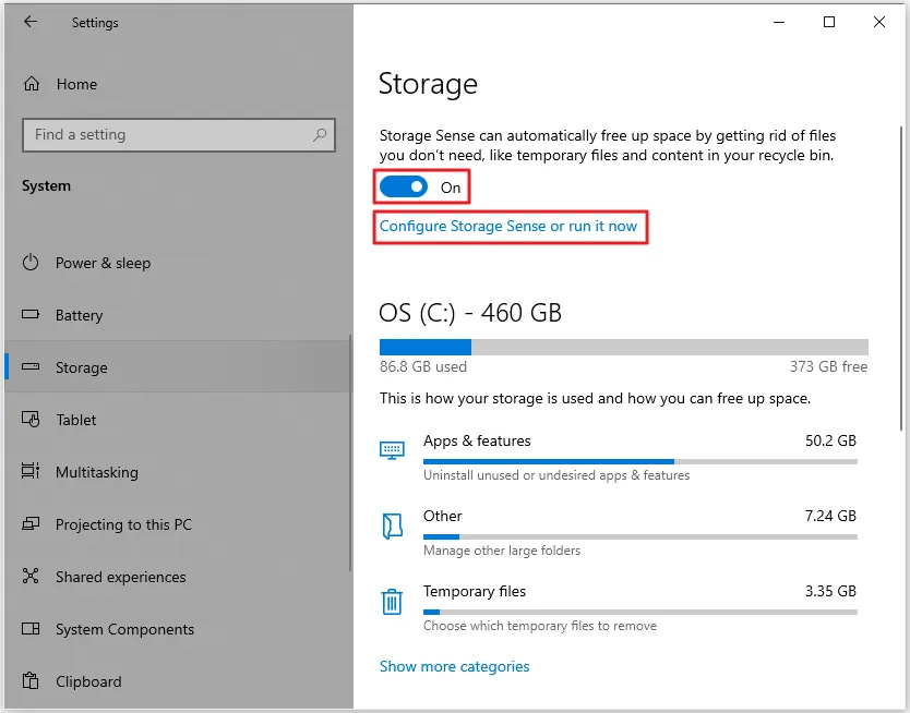 Windows 10 Storage settings page with Storage Sense turned on