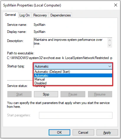 SysMain Properties in Windows 10 with the Startup type options open