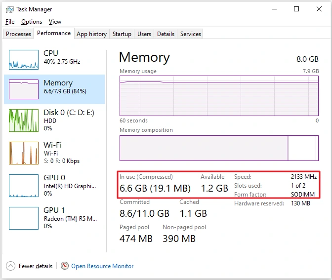 Task Manager Performance tab on Windows 10 showing memory usage and slots used