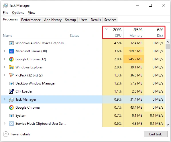How to speed up Windows 10: Task Manager Processes tab with CPU, Memory, and Disk columns highlighted