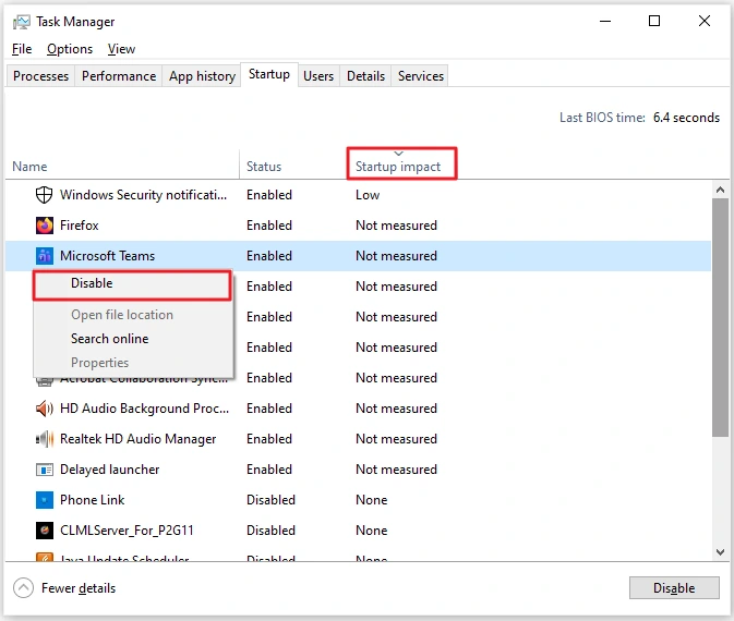 Make Windows 10 faster by disabling startup apps: Task Manager Startup tab with startup impact column