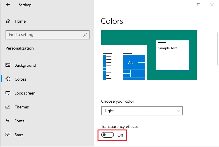 Turn off transparency effects in Windows 10: Colors settings with the Transparency effects toggle set to Off