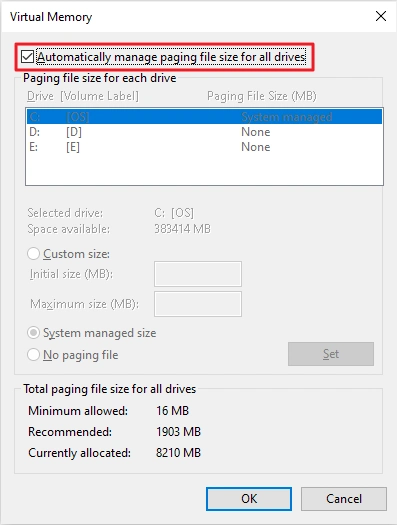 Windows 10 Virtual Memory dialog with Automatically manage paging file size checked