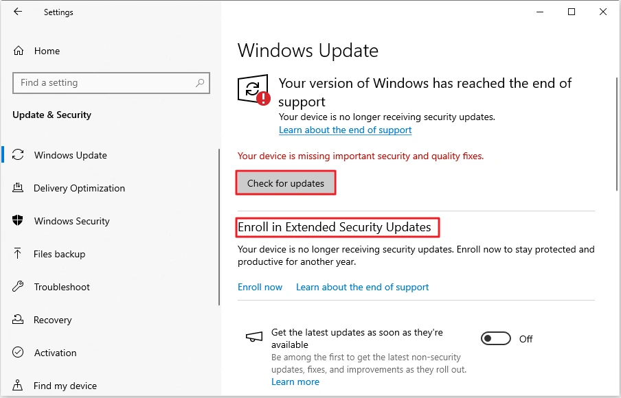 Windows 10 Windows Update page showing the end of support notice and Extended Security Updates enroll option